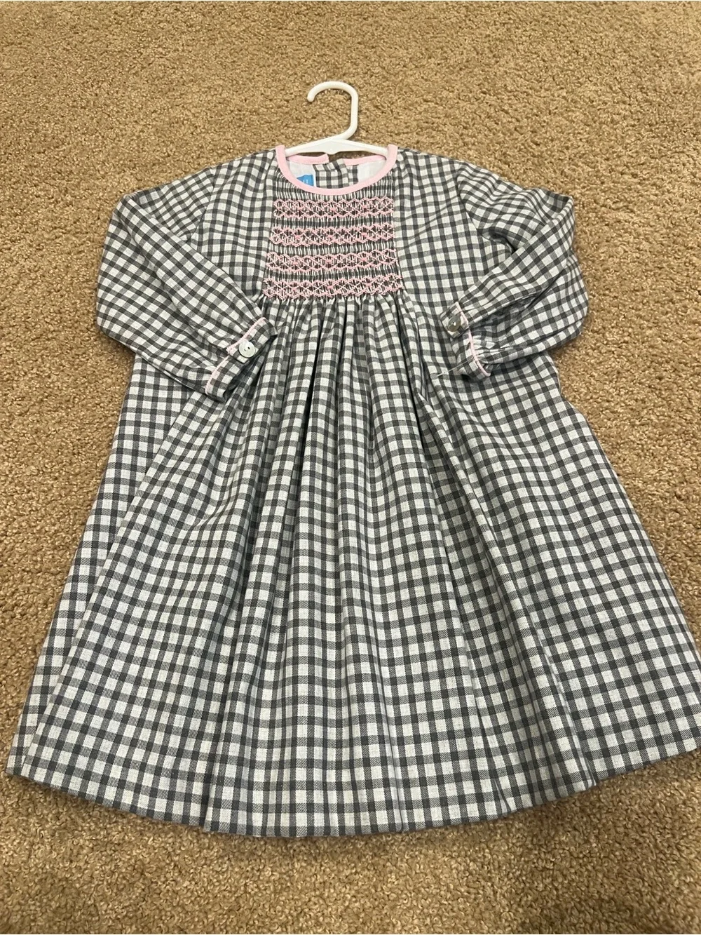 Girls Gray Gingham Smocked Dress with Pink Accents